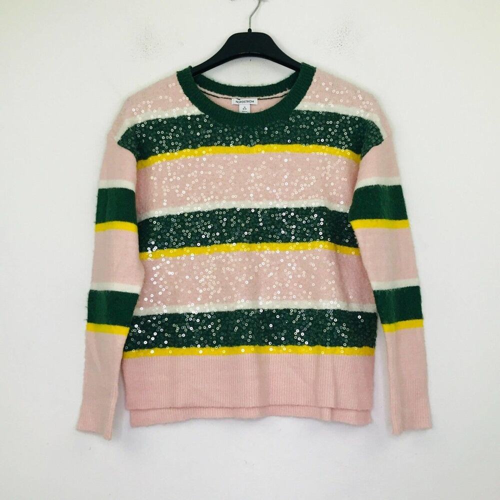 Nordstrom Womens Medium Sweater Pink Green Stripe Sequin Crew Neck Pullover BY18